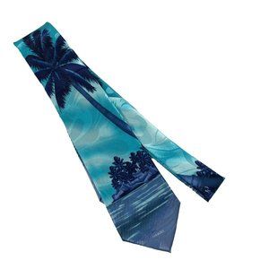 Tropical Hawaii Mens Tie Hand Made Blue Aqua Ocean Waves Palm Tree Polyester